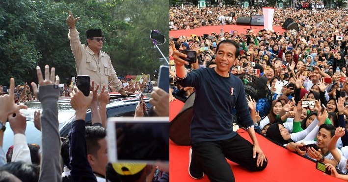 Gaya kampanye calon presiden nomor urut 02 Prabowo Subianto dan calon presiden nomor urut 01 Joko Widodo. (Foto: Tagar/AF)