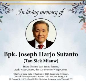 Pendiri Wings Group, Joseph Harjo Sutanto, Wafat di Usia 102 Tahun