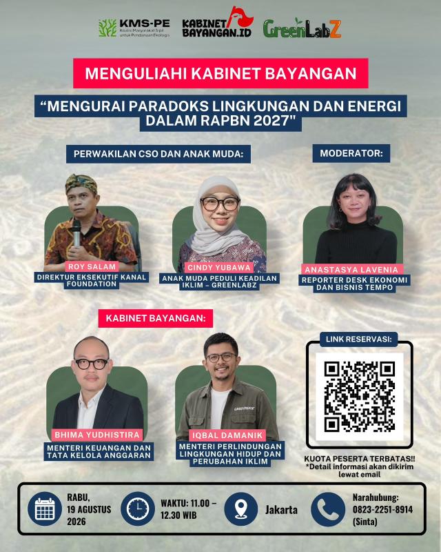 Forum diskusi “Menguliahi Kabinet Bayangan: Mengurai Paradoks Lingkungan dan Energi dalam RAPBN 2027” yang diselenggarakan Koalisi Masyarakat Sipil untuk Pendanaan Ekologi (KMSPE) di KeKini CoWorking Space, Jakarta, Rabu (19/8/2026). (Foto: ist)