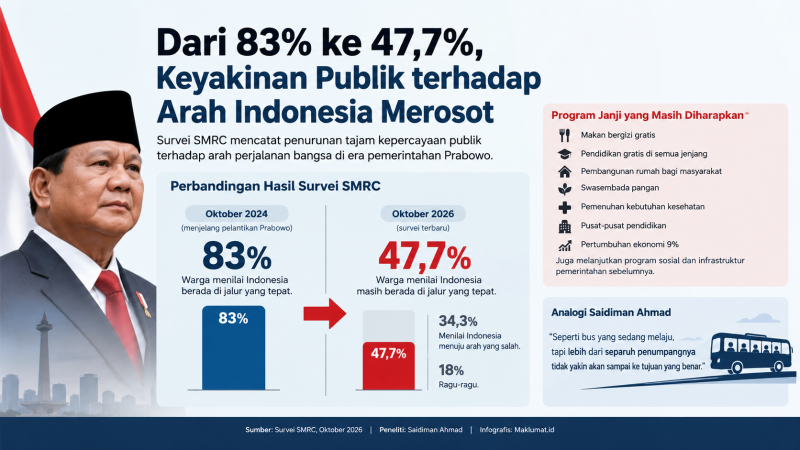 Dua tahun di bawah pemerintahan Prabowo Subianto, persepsi publik bahwa negara menuju ke arah yang benar turun 35 persen, dari 83 persen pada Oktober 2024 menjadi 48 persen di Oktober 2026. (Foto: Ist)
